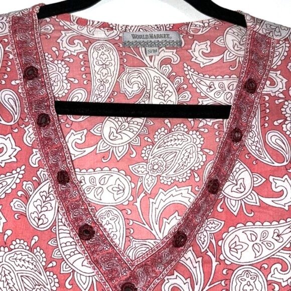 World Market Paisley Red & White V-Neck Tunic Top S/M 100% Cotton Womens Casual - Picture 3 of 9